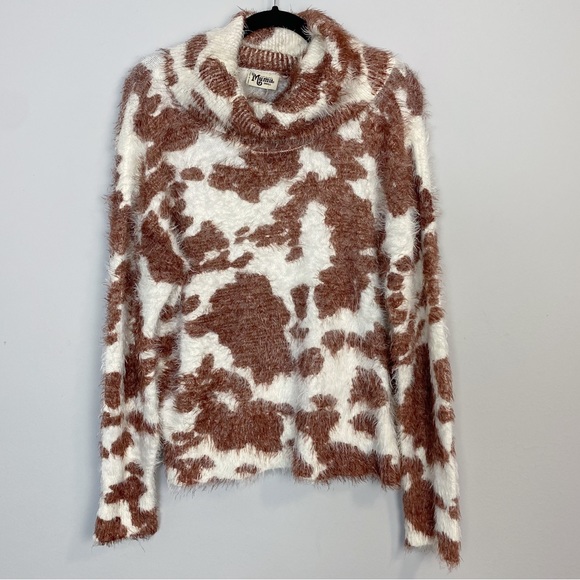 SMYM Frances Holy Cow Print Cowl Neck Fuzzy Sweater - Picture 5 of 11